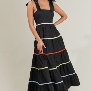 Sugarlips trendy Hillary Hall Tiered Maxi Dress black w/ colorful trim XS 6150